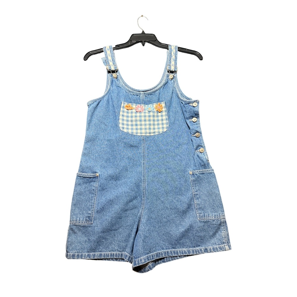 True Blue Shortall Romper Overalls Women Size M Blue Good Floral Gingham Denim